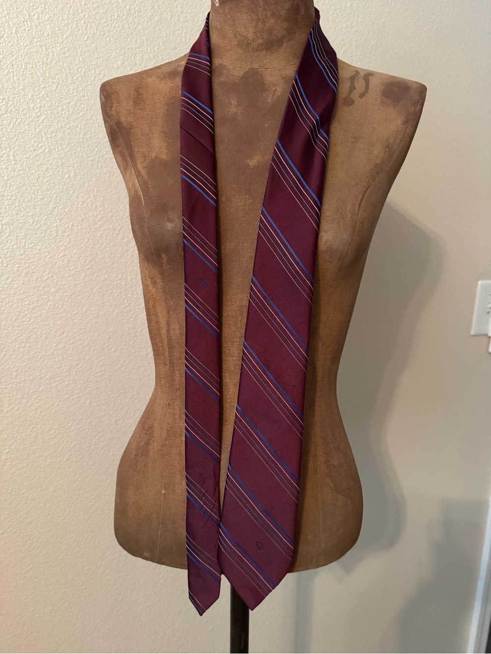 Dior Men's Burgundy Stripe Tie with Blue Accents
